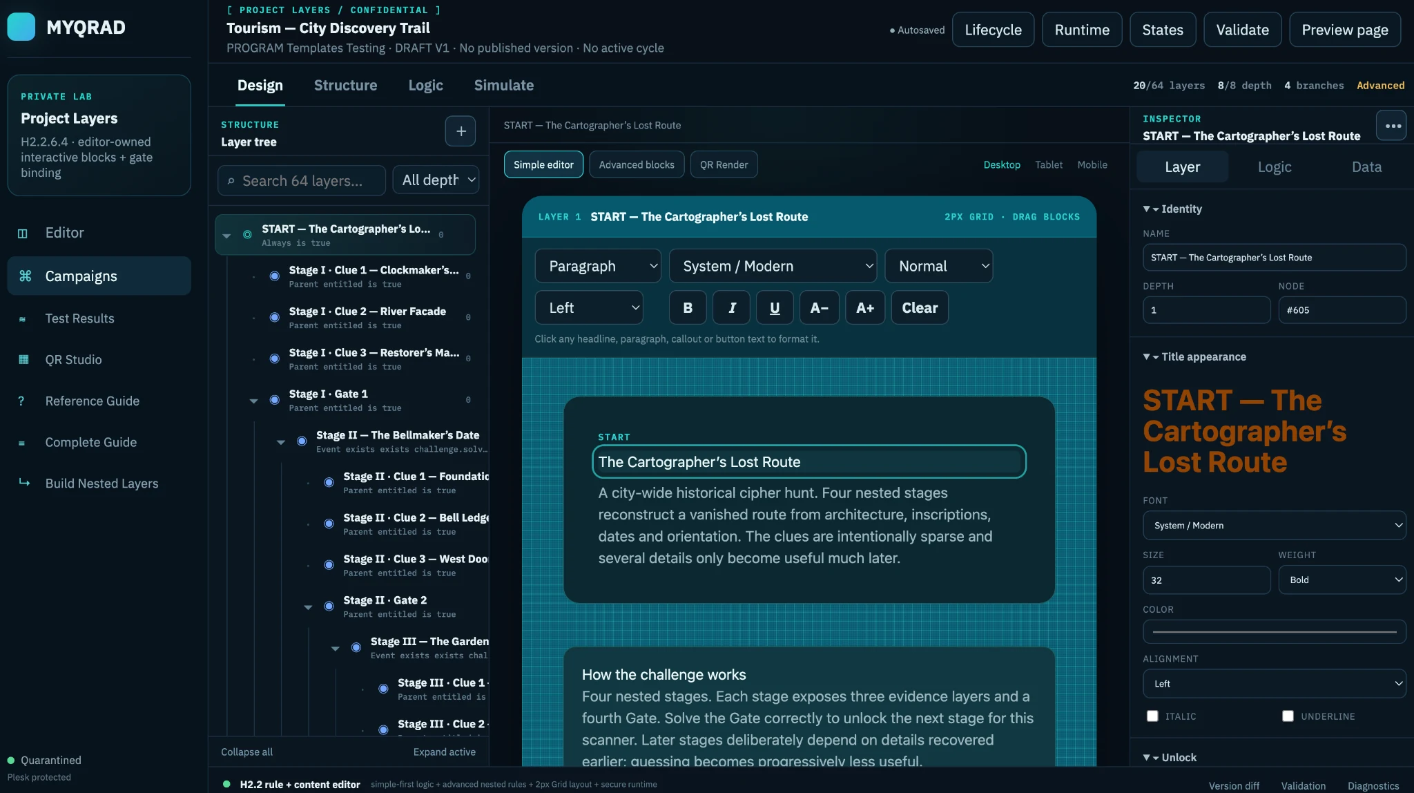 Actual MYQRAD Layers Design workspace showing the Layer tree, editor and Inspector