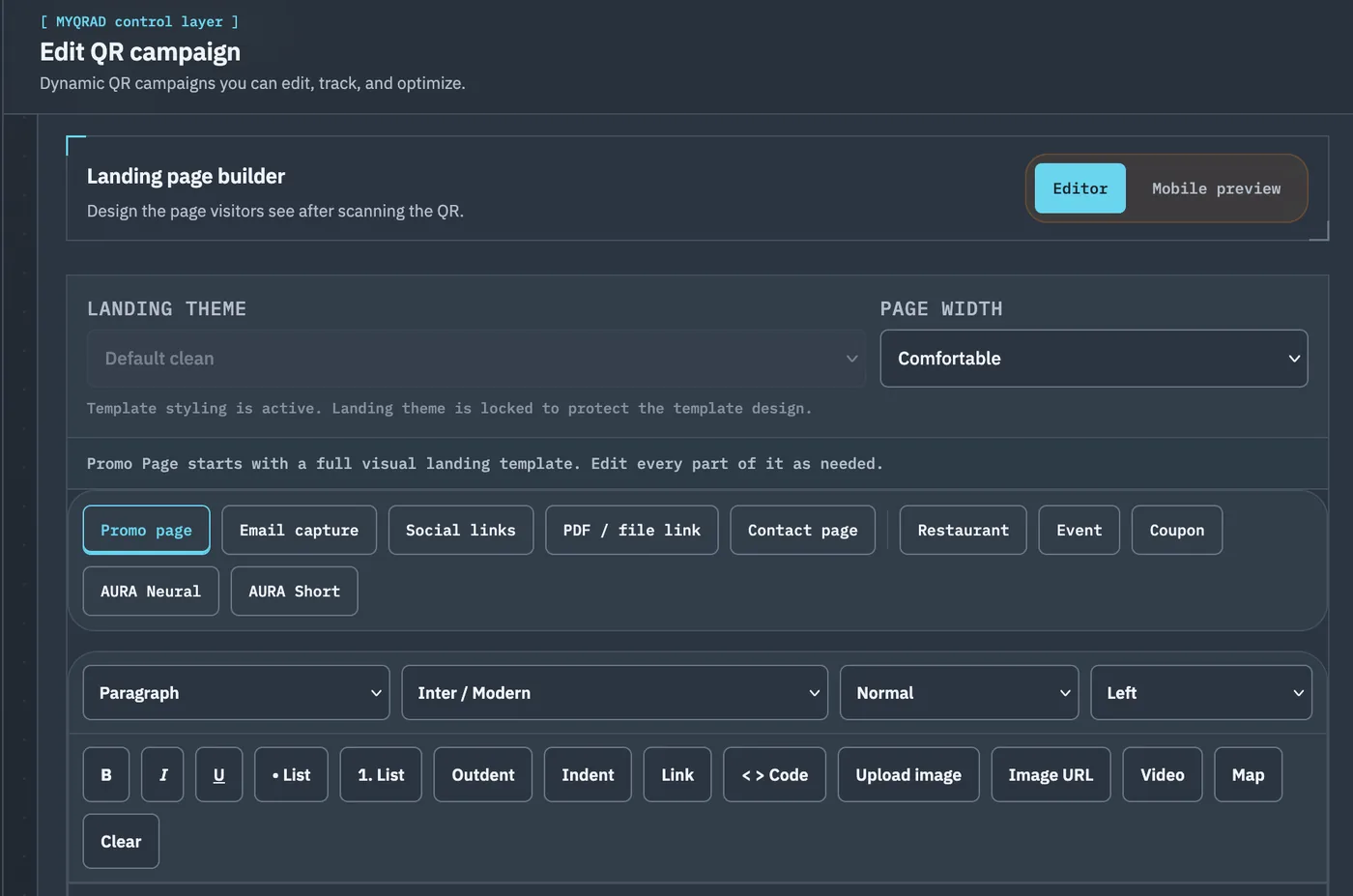 MYQRAD landing page editor showing the real campaign builder interface